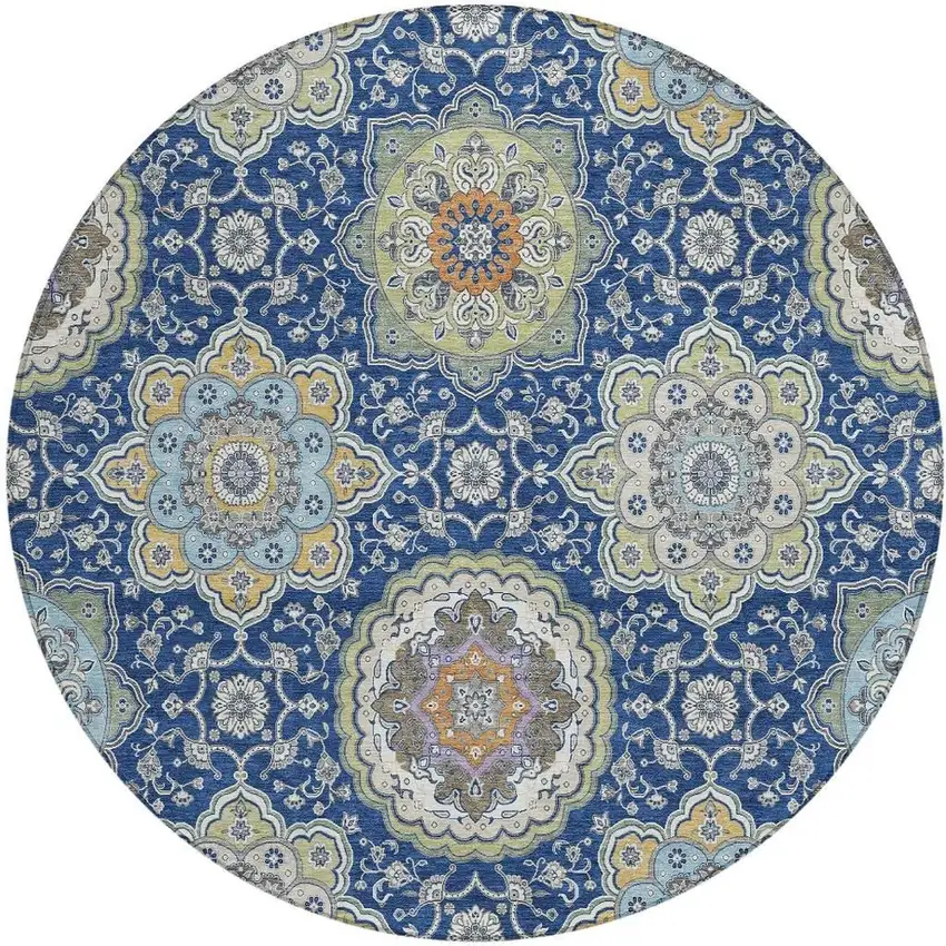 8' Navy Blue And Taupe Round Floral Medallion Washable Indoor Outdoor Area Rug Photo 6