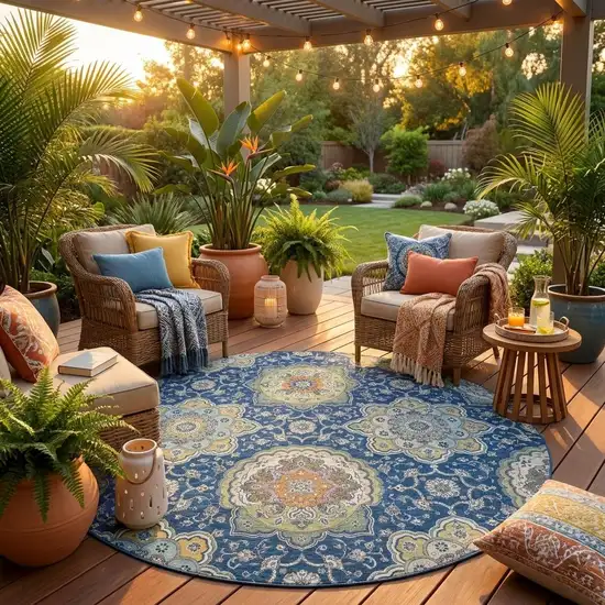 8' Navy Blue And Taupe Round Floral Medallion Washable Indoor Outdoor Area Rug Photo 1