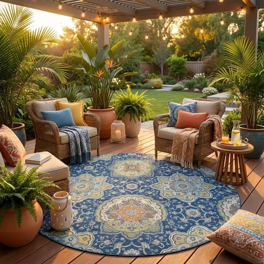 8' Navy Blue And Taupe Round Floral Medallion Washable Indoor Outdoor Area Rug Photo 1