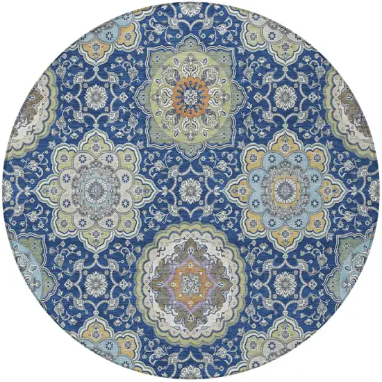 8' Navy Blue And Taupe Round Floral Medallion Washable Indoor Outdoor Area Rug Photo 4