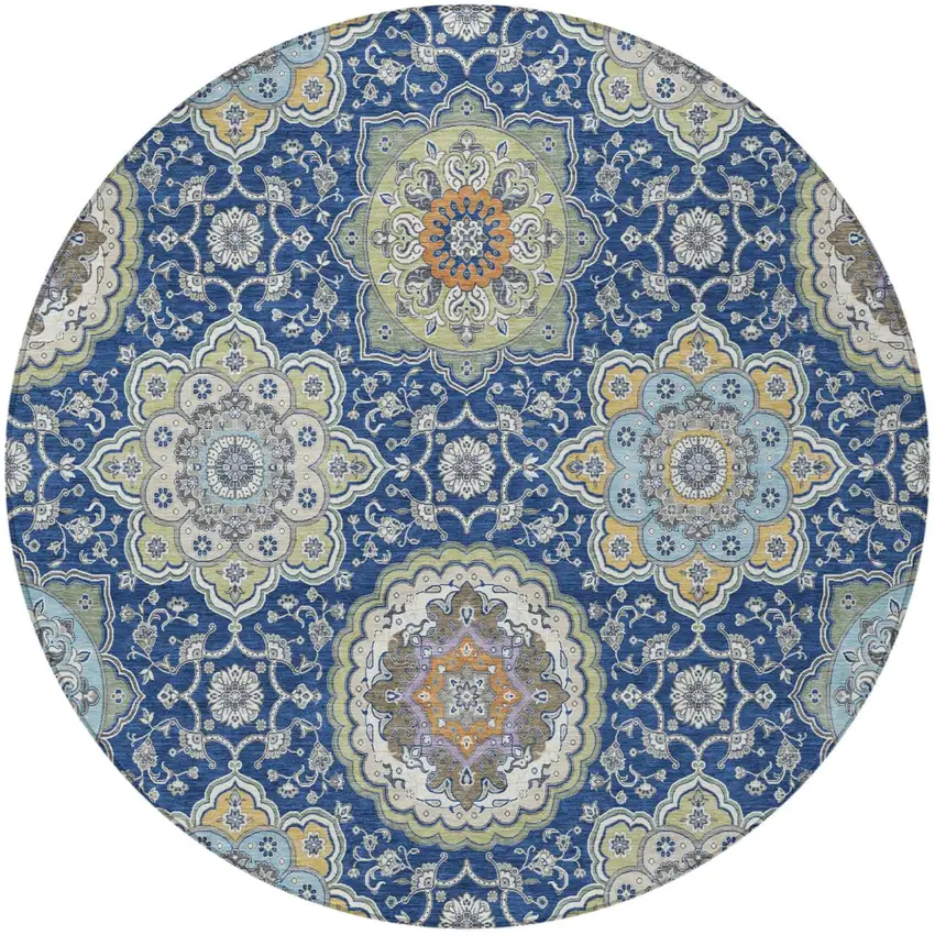 8' Navy Blue And Taupe Round Floral Medallion Washable Indoor Outdoor Area Rug Photo 4