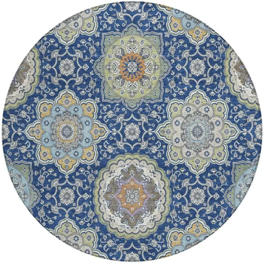 8' Navy Blue And Taupe Round Floral Medallion Washable Indoor Outdoor Area Rug Photo 3