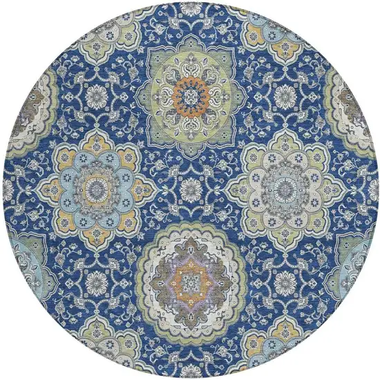 8' Navy Blue And Taupe Round Floral Medallion Washable Indoor Outdoor Area Rug Photo 3