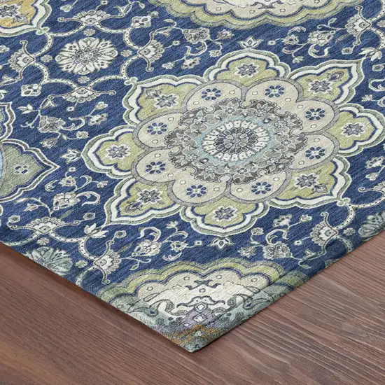 8' Navy Blue And Taupe Round Floral Medallion Washable Indoor Outdoor Area Rug Photo 7