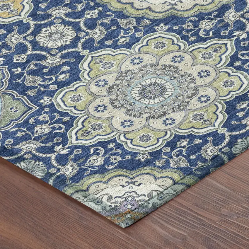 8' Navy Blue And Taupe Round Floral Medallion Washable Indoor Outdoor Area Rug Photo 7