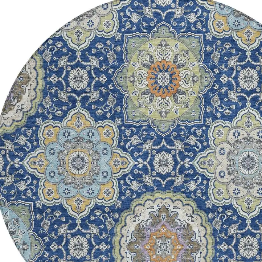 8' Navy Blue And Taupe Round Floral Medallion Washable Indoor Outdoor Area Rug Photo 5