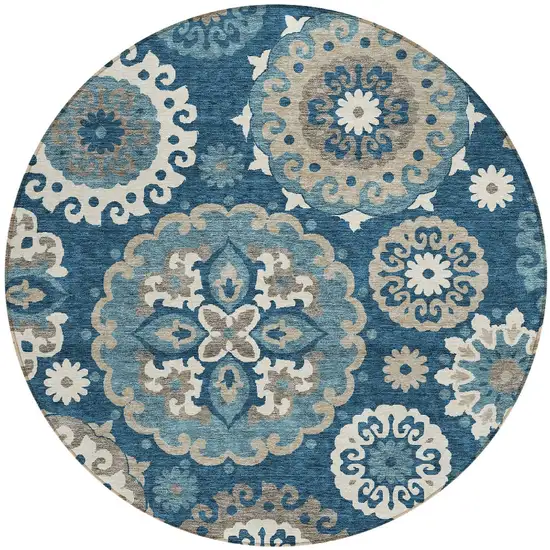 8' Navy Blue And Taupe Round Floral Medallion Washable Indoor Outdoor Area Rug Photo 6