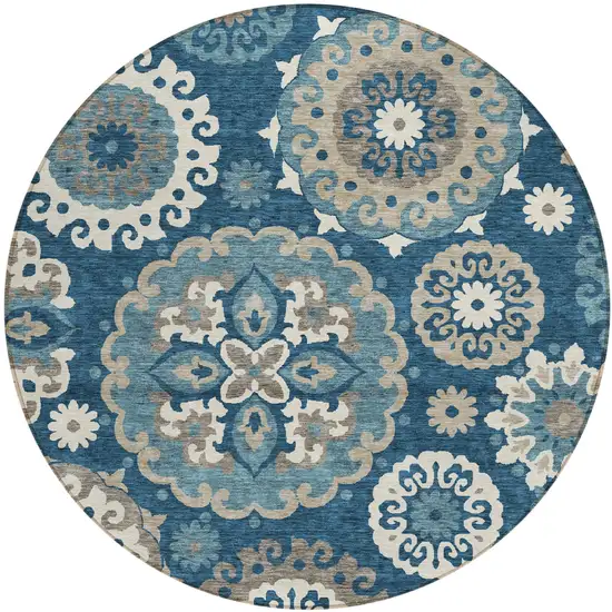 8' Navy Blue And Taupe Round Floral Medallion Washable Indoor Outdoor Area Rug Photo 1