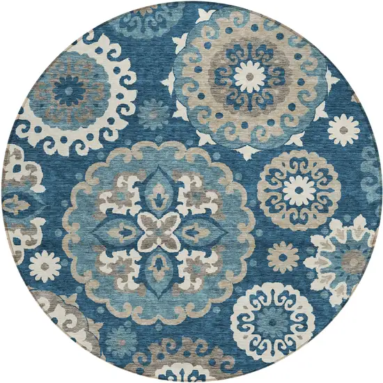 8' Navy Blue And Taupe Round Floral Medallion Washable Indoor Outdoor Area Rug Photo 1