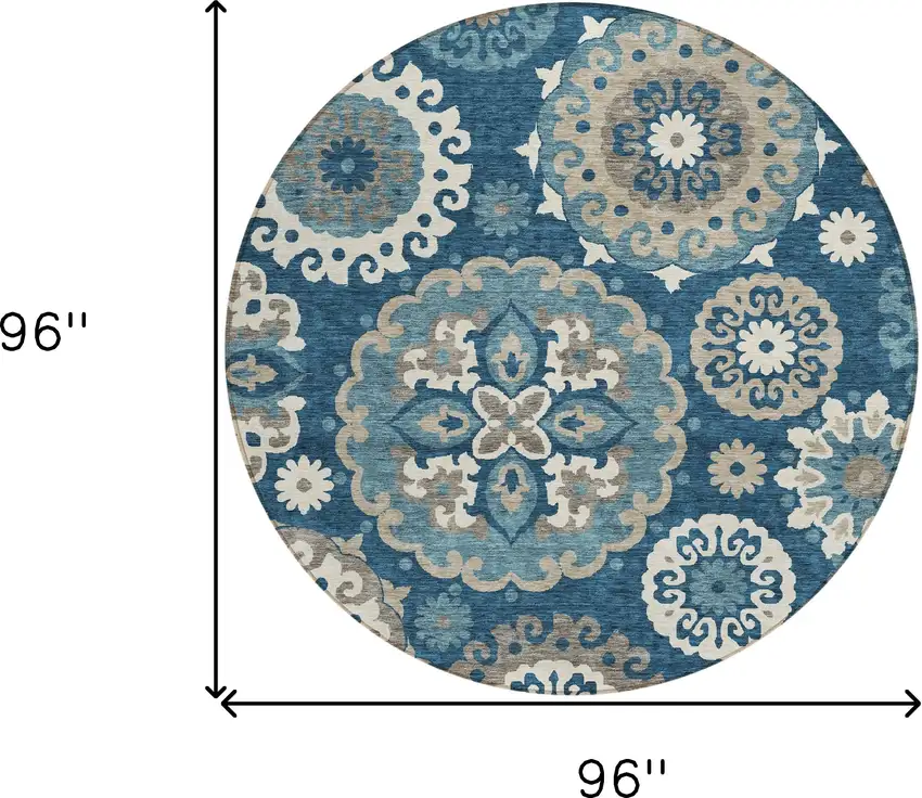 8' Navy Blue And Taupe Round Floral Medallion Washable Indoor Outdoor Area Rug Photo 9