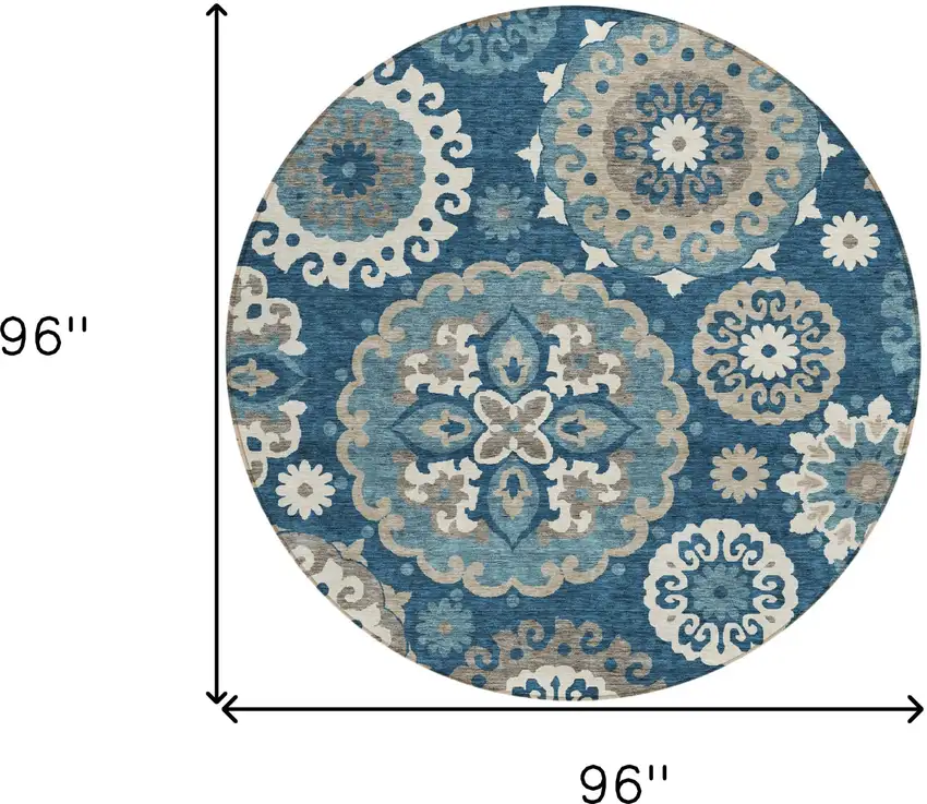8' Navy Blue And Taupe Round Floral Medallion Washable Indoor Outdoor Area Rug Photo 9