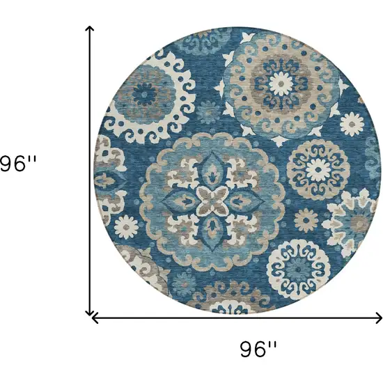 8' Navy Blue And Taupe Round Floral Medallion Washable Indoor Outdoor Area Rug Photo 9