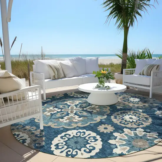 8' Navy Blue And Taupe Round Floral Medallion Washable Indoor Outdoor Area Rug Photo 7