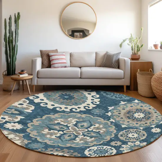 8' Navy Blue And Taupe Round Floral Medallion Washable Indoor Outdoor Area Rug Photo 8