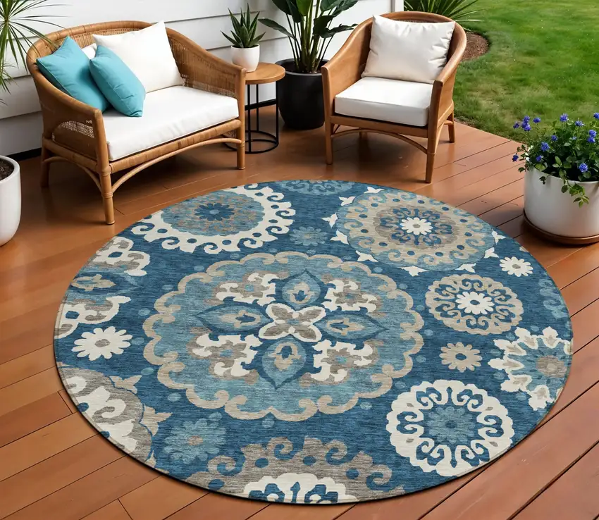 8' Navy Blue And Taupe Round Floral Medallion Washable Indoor Outdoor Area Rug Photo 1