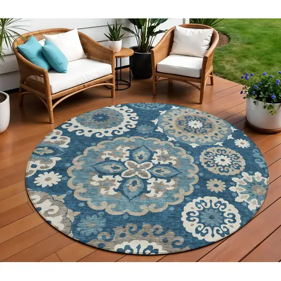 8' Navy Blue And Taupe Round Floral Medallion Washable Indoor Outdoor Area Rug Photo 1