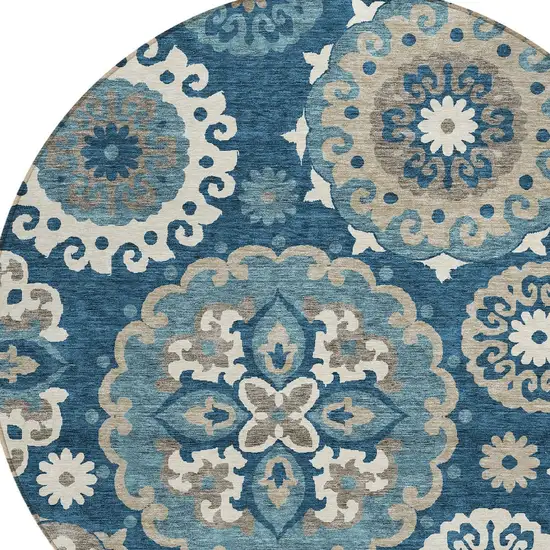 8' Navy Blue And Taupe Round Floral Medallion Washable Indoor Outdoor Area Rug Photo 4