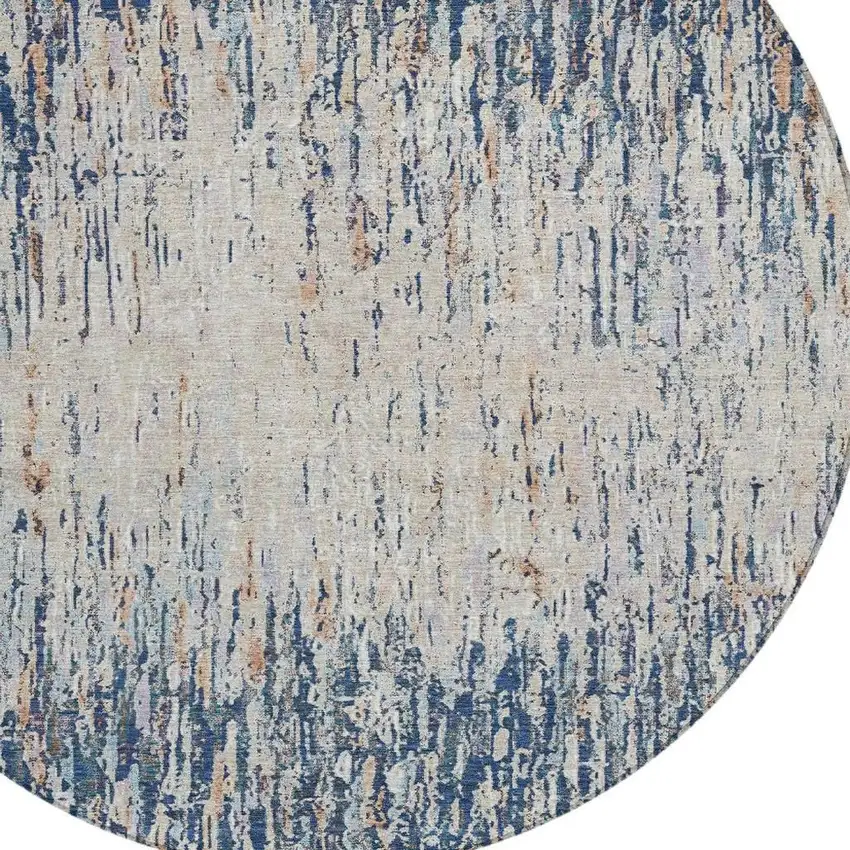 8' Navy Blue And Taupe Round Striped Washable Indoor Outdoor Area Rug Photo 2