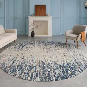 Photo of 8' Navy Blue And Taupe Round Striped Washable Indoor Outdoor Area Rug