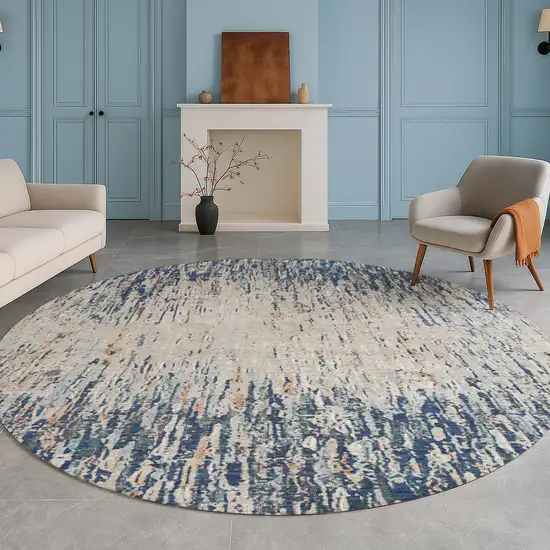 8' Navy Blue And Taupe Round Striped Washable Indoor Outdoor Area Rug Photo 5