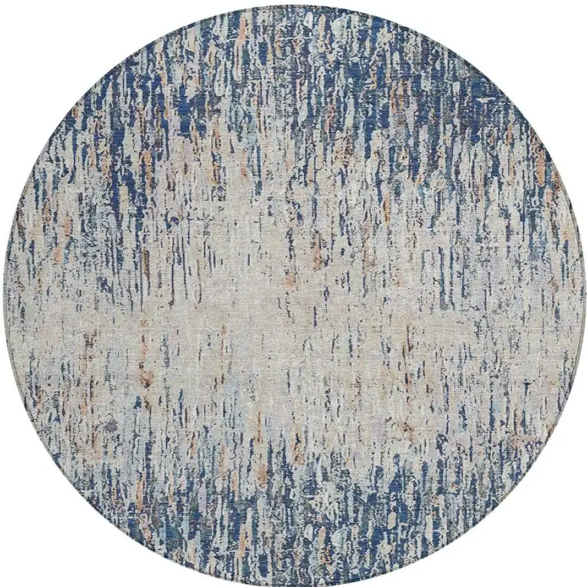 8' Navy Blue And Taupe Round Striped Washable Indoor Outdoor Area Rug Photo 3