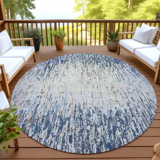 8' Navy Blue And Taupe Round Striped Washable Indoor Outdoor Area Rug Photo 4