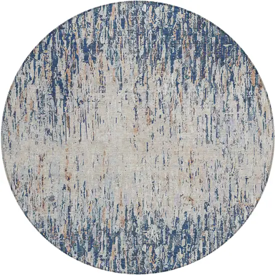 8' Navy Blue And Taupe Round Striped Washable Indoor Outdoor Area Rug Photo 1