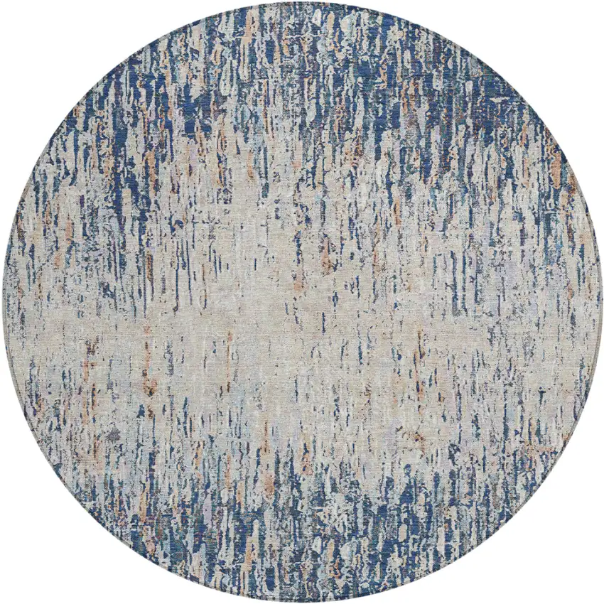 8' Navy Blue And Taupe Round Striped Washable Indoor Outdoor Area Rug Photo 1