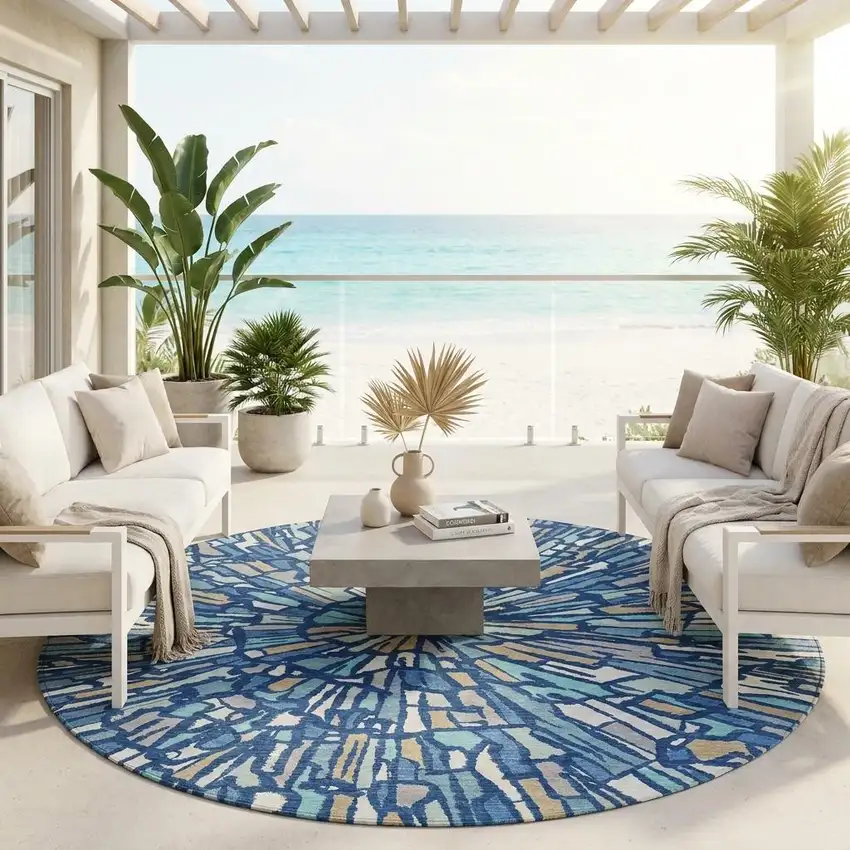 8' Navy Blue And Teal Blue Round Abstract Washable Indoor Outdoor Area Rug Photo 1