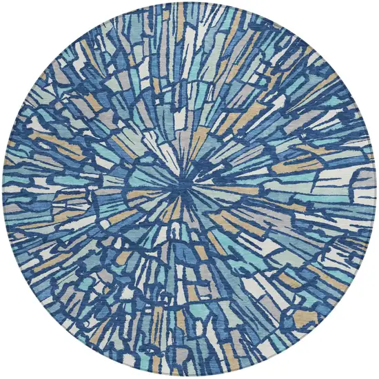 8' Navy Blue And Teal Blue Round Abstract Washable Indoor Outdoor Area Rug Photo 2