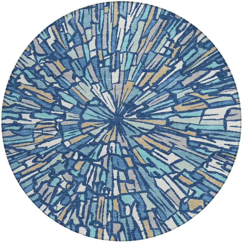 8' Navy Blue And Teal Blue Round Abstract Washable Indoor Outdoor Area Rug Photo 2