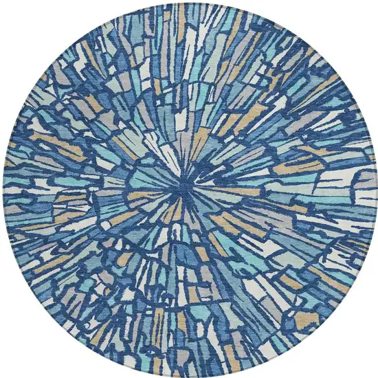 8' Navy Blue And Teal Blue Round Abstract Washable Indoor Outdoor Area Rug Photo 4