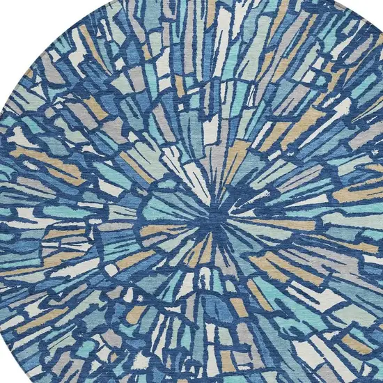 8' Navy Blue And Teal Blue Round Abstract Washable Indoor Outdoor Area Rug Photo 3