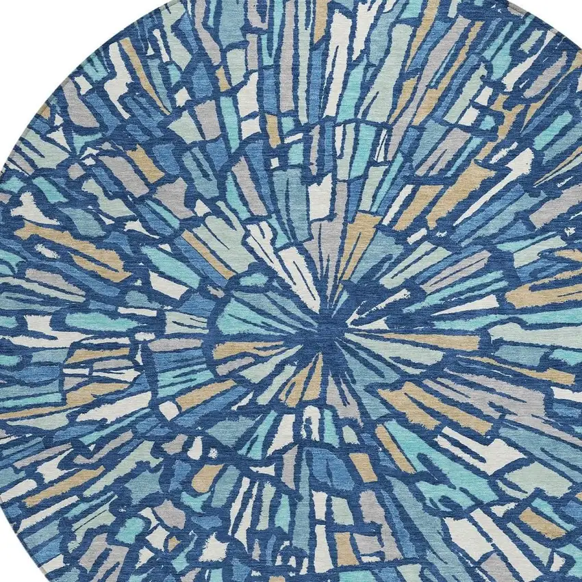 8' Navy Blue And Teal Blue Round Abstract Washable Indoor Outdoor Area Rug Photo 3