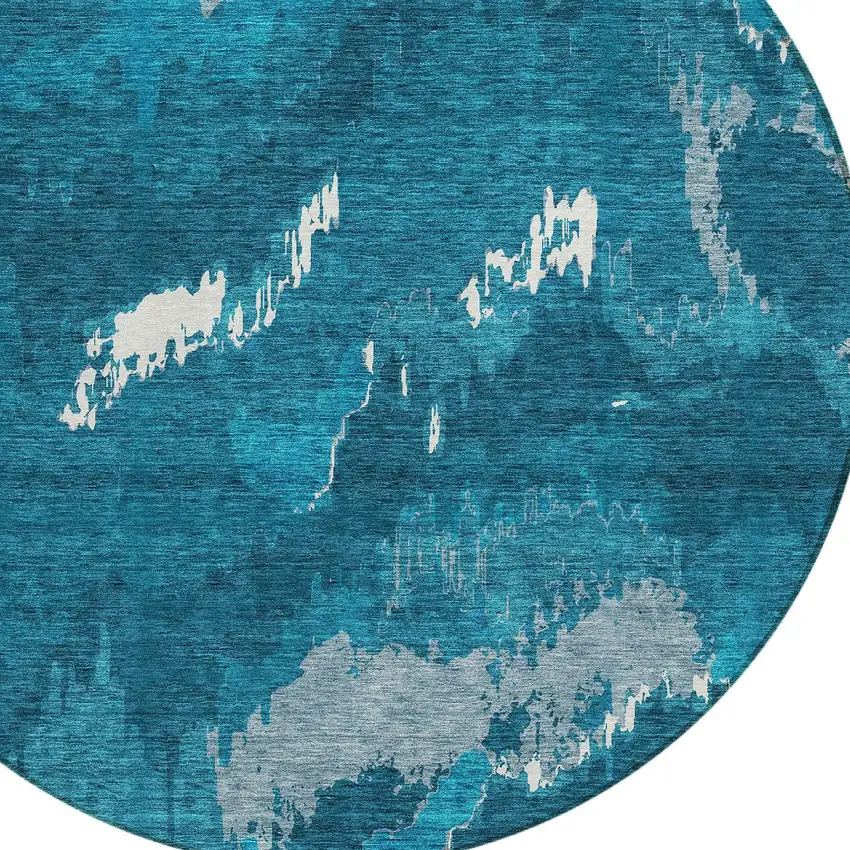 8' Navy Blue And Teal Blue Round Abstract Washable Indoor Outdoor Area Rug Photo 4