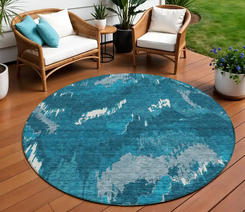 8' Navy Blue And Teal Blue Round Abstract Washable Indoor Outdoor Area Rug Photo 1