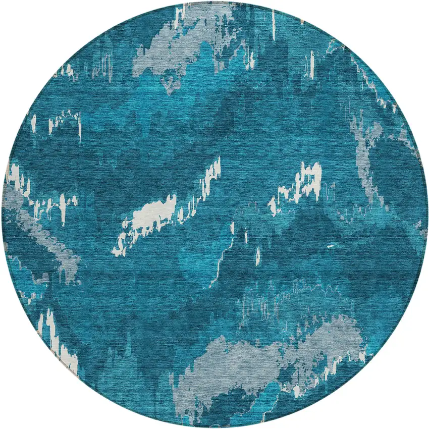 8' Navy Blue And Teal Blue Round Abstract Washable Indoor Outdoor Area Rug Photo 2