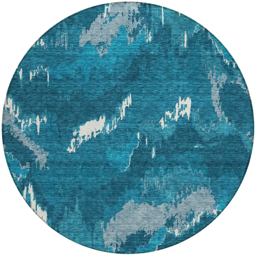 8' Navy Blue And Teal Blue Round Abstract Washable Indoor Outdoor Area Rug Photo 2