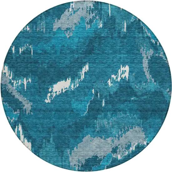 8' Navy Blue And Teal Blue Round Abstract Washable Indoor Outdoor Area Rug Photo 2