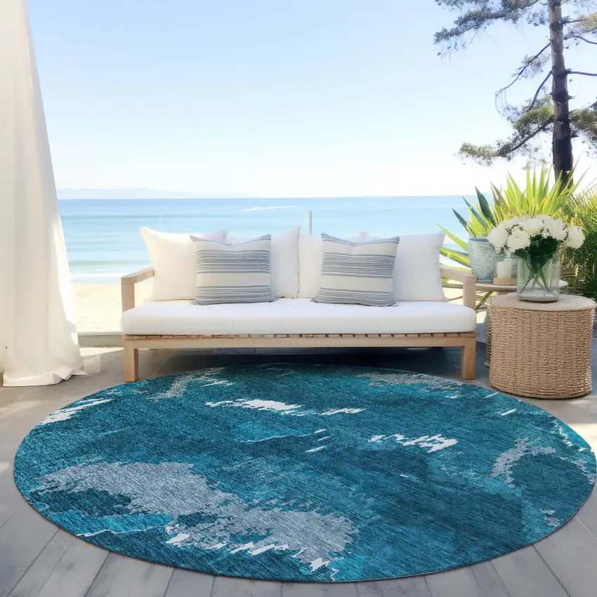 8' Navy Blue And Teal Blue Round Abstract Washable Indoor Outdoor Area Rug Photo 6