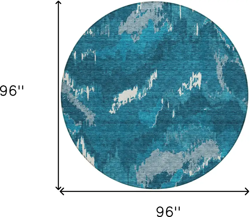 8' Navy Blue And Teal Blue Round Abstract Washable Indoor Outdoor Area Rug Photo 3