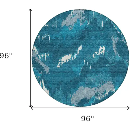 8' Navy Blue And Teal Blue Round Abstract Washable Indoor Outdoor Area Rug Photo 3