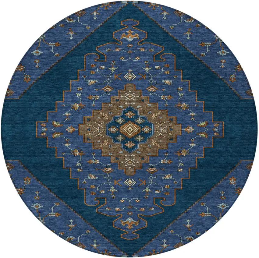 8' Navy Blue And Teal Blue Round Geometric Washable Indoor Outdoor Area Rug Photo 3