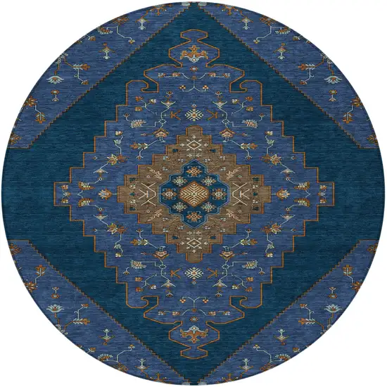 8' Navy Blue And Teal Blue Round Geometric Washable Indoor Outdoor Area Rug Photo 3