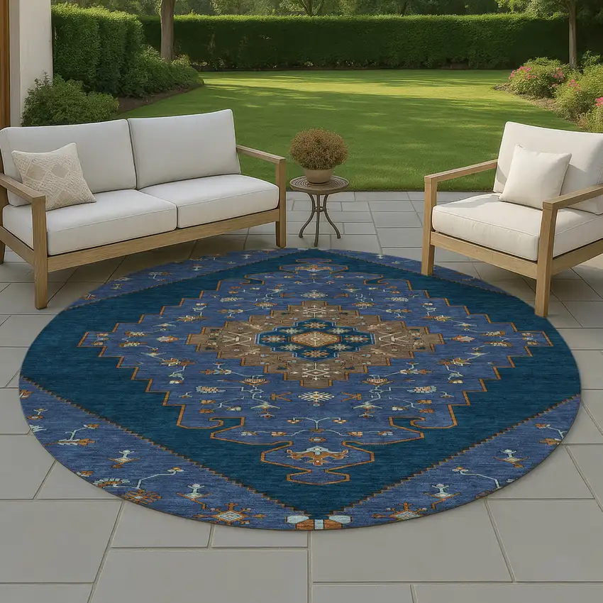 8' Navy Blue And Teal Blue Round Geometric Washable Indoor Outdoor Area Rug Photo 4