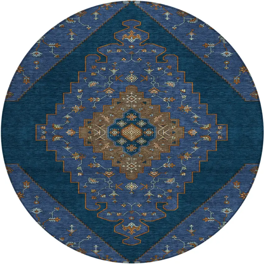 8' Navy Blue And Teal Blue Round Geometric Washable Indoor Outdoor Area Rug Photo 1