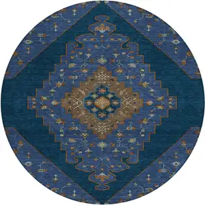 Photo of 8' Navy Blue And Teal Blue Round Geometric Washable Indoor Outdoor Area Rug