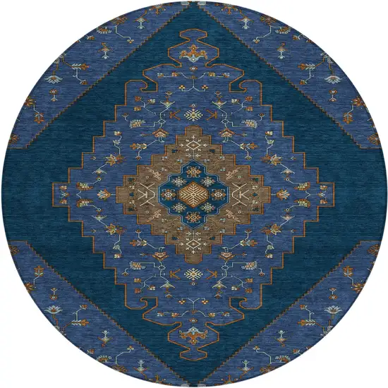 8' Navy Blue And Teal Blue Round Geometric Washable Indoor Outdoor Area Rug Photo 1