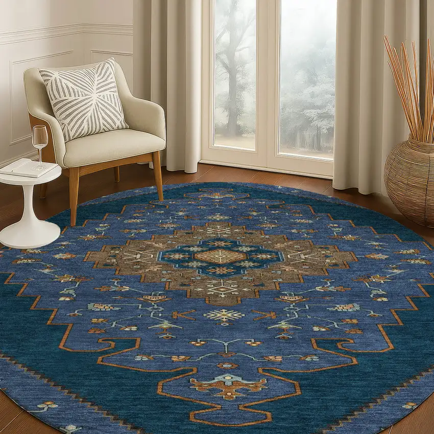 8' Navy Blue And Teal Blue Round Geometric Washable Indoor Outdoor Area Rug Photo 5