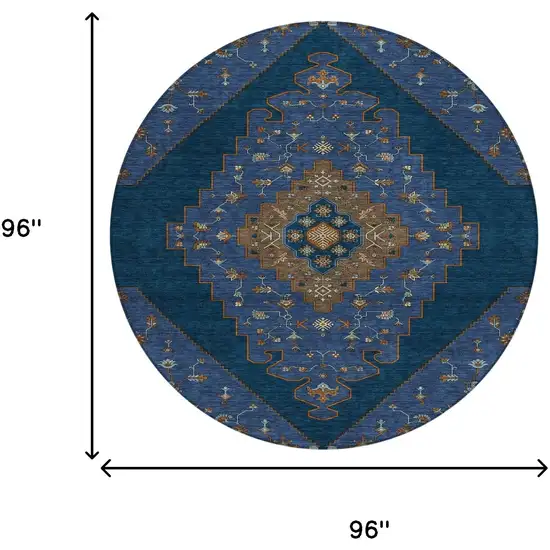 8' Navy Blue And Teal Blue Round Geometric Washable Indoor Outdoor Area Rug Photo 8